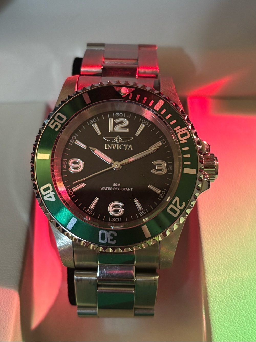 Invicta Men's Stainless Steel Watch with Green Bezel and Black Dial